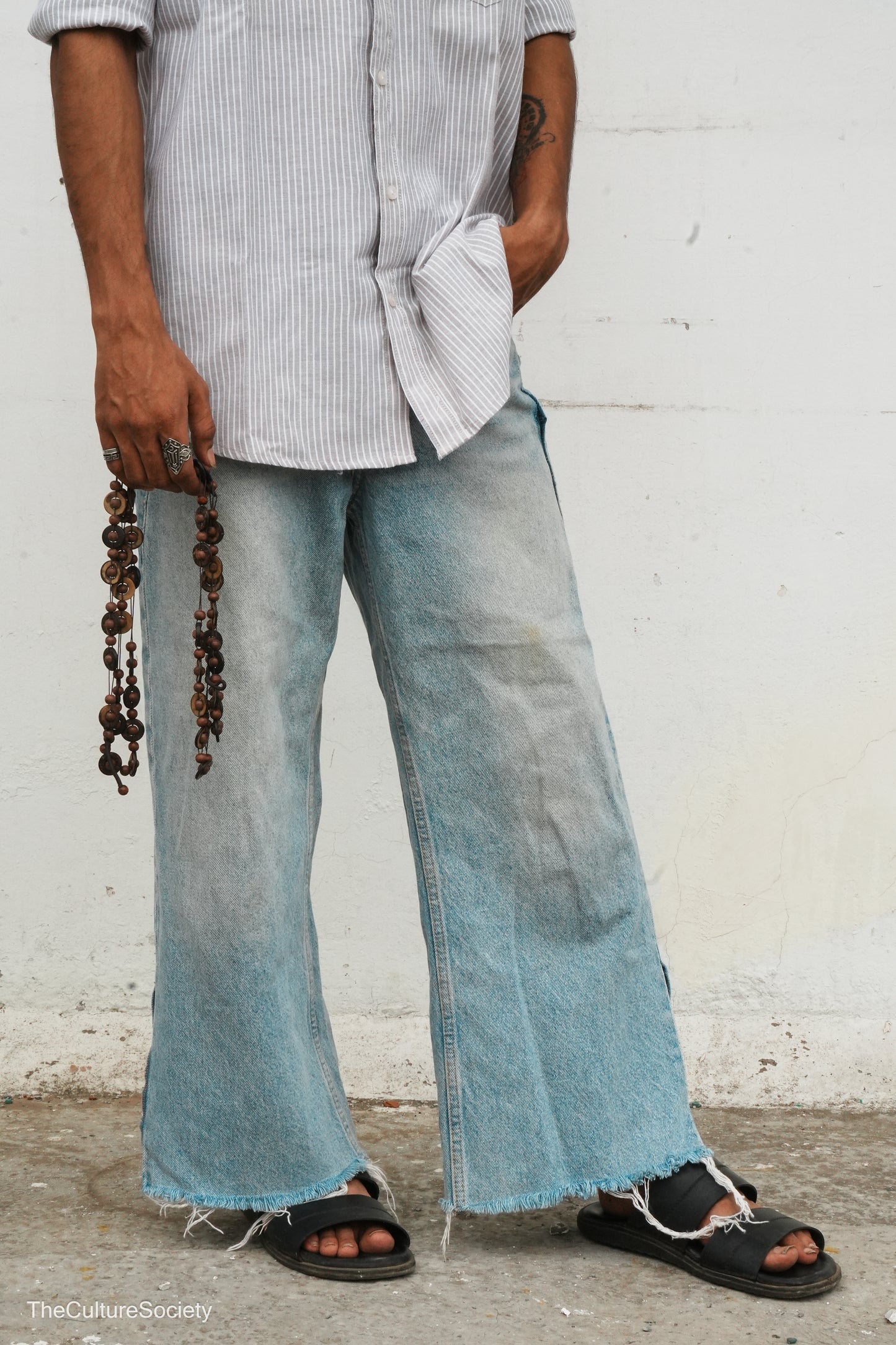 Light Blue Frayed Wide-Leg Jeans