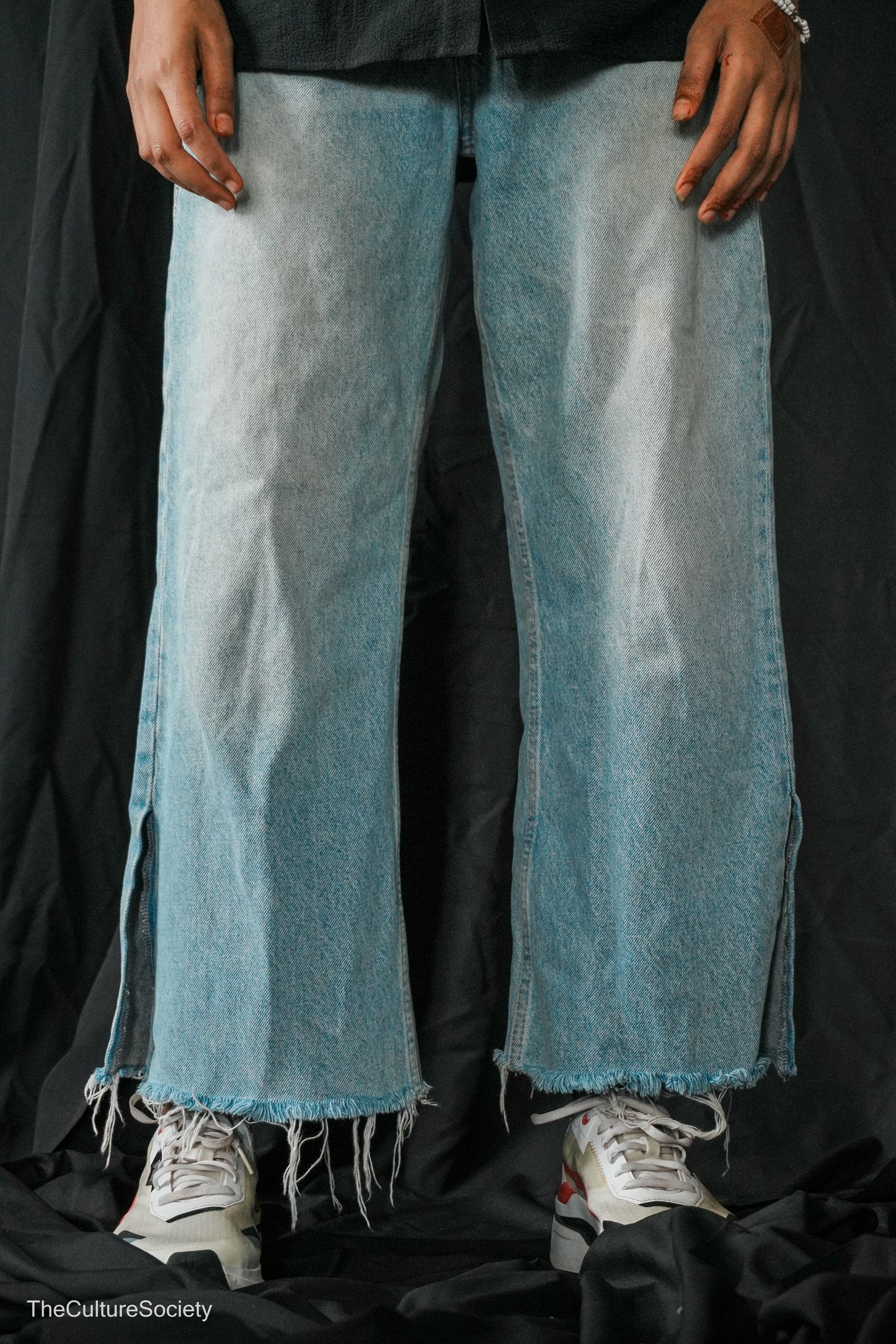 Light Blue Frayed Wide-Leg Jeans