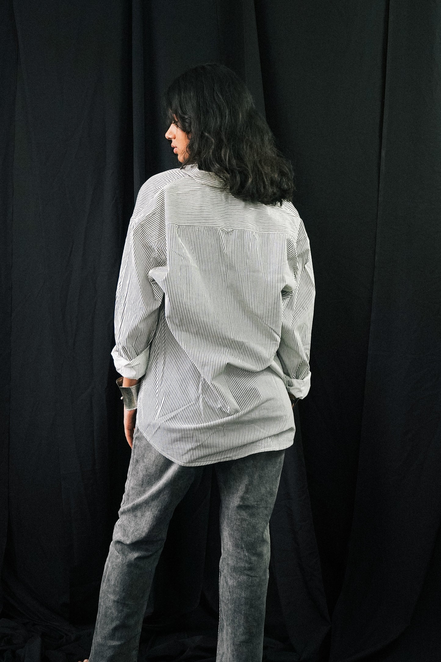 White & Grey Striped Button-Up Shirt