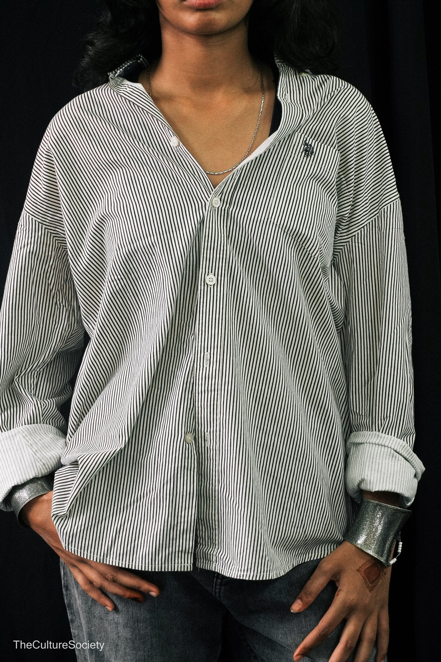 White & Grey Striped Button-Up Shirt