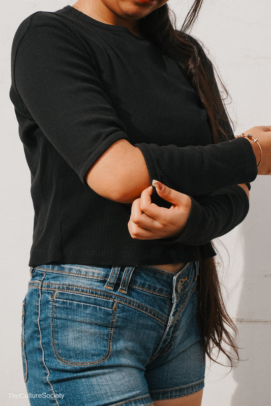 Black Elbow-Cut Long Sleeve Top