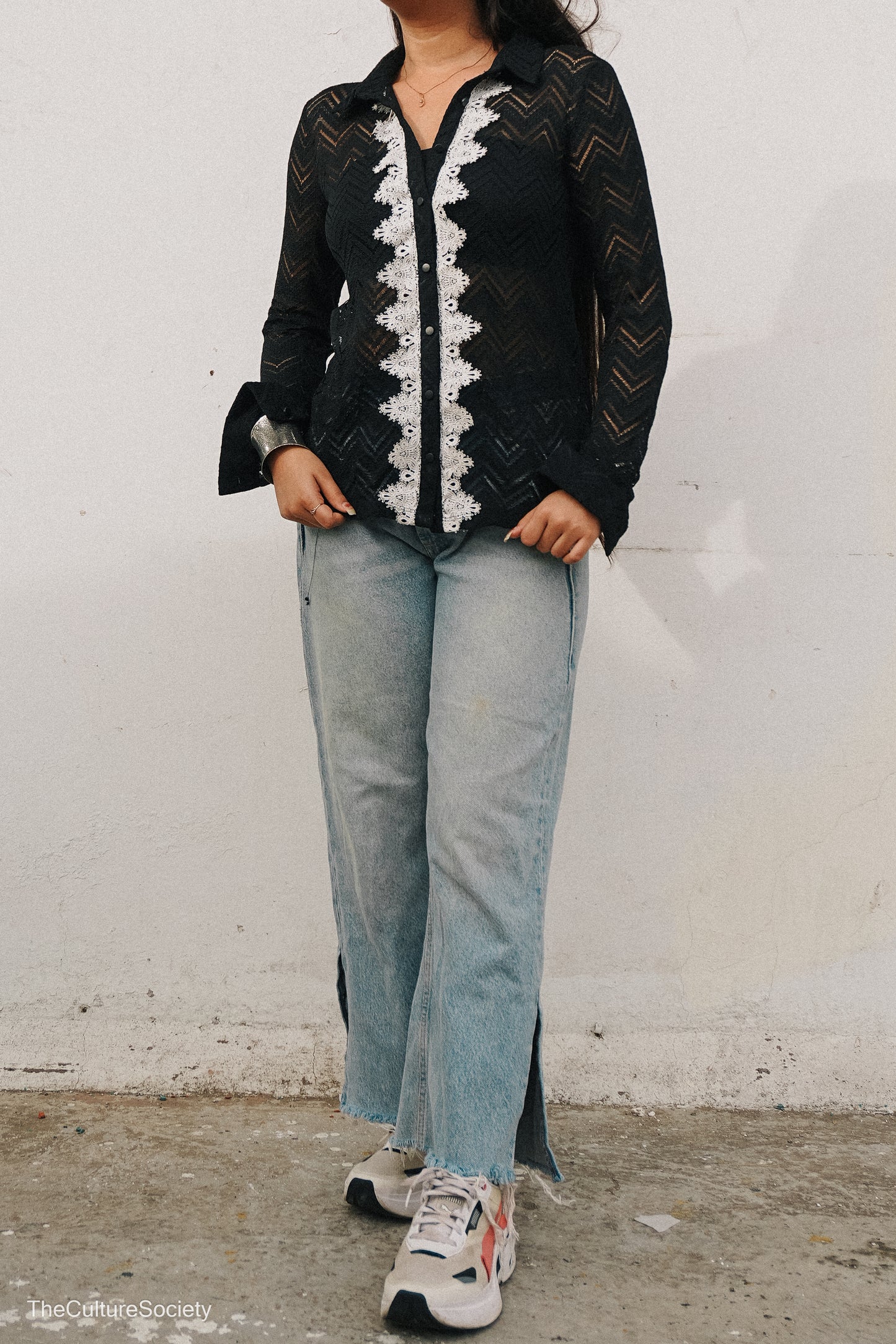 Semi-sheer button-down top