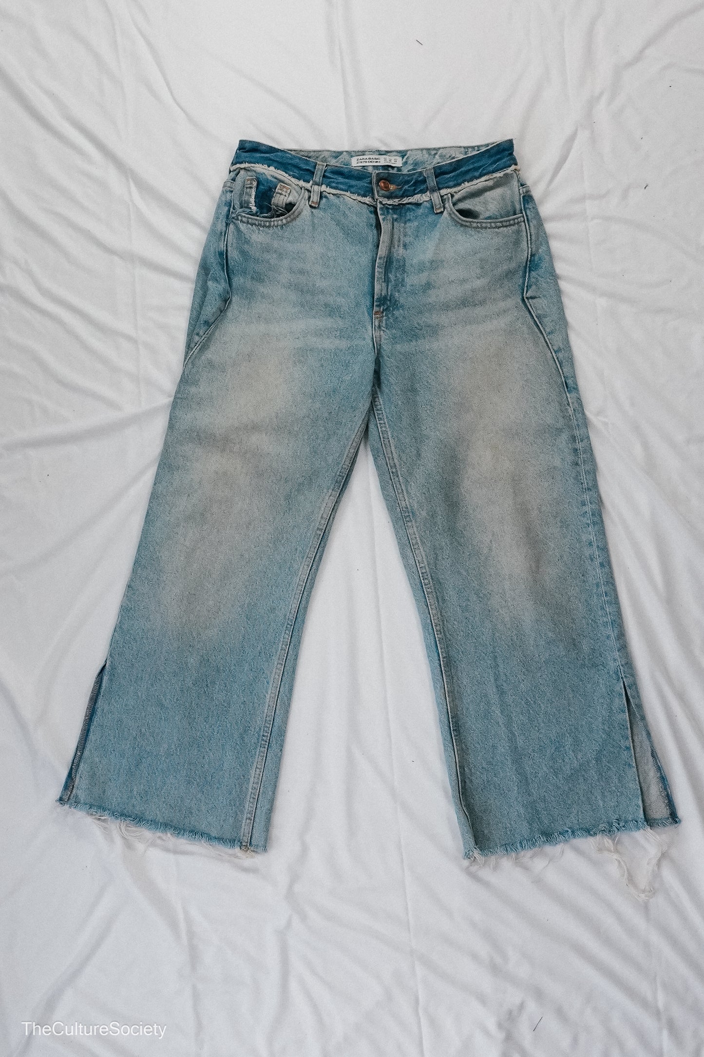 Light Blue Frayed Wide-Leg Jeans