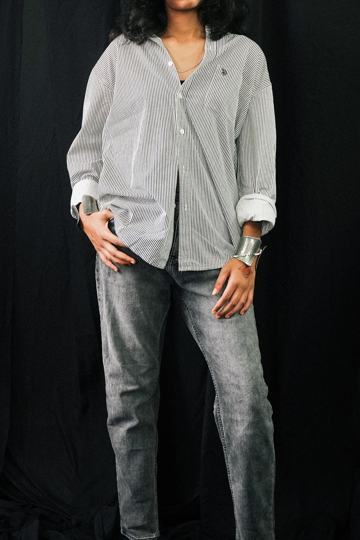 White & Grey Striped Button-Up Shirt